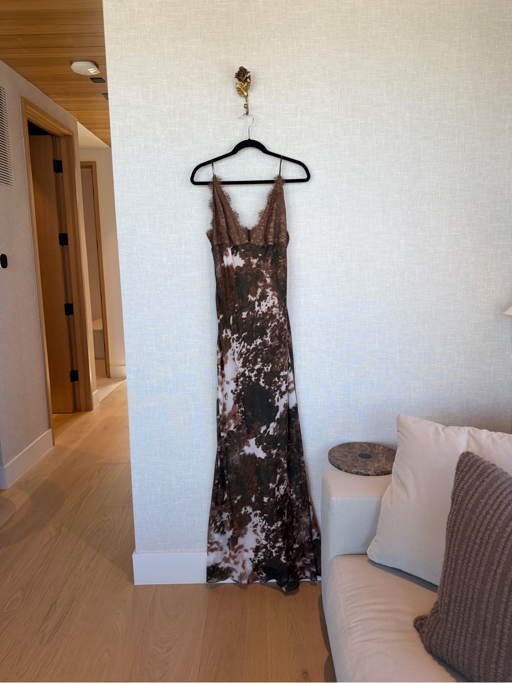 L'AGENCE Brown and Cream Lace-Trim Maxi Slip Dress